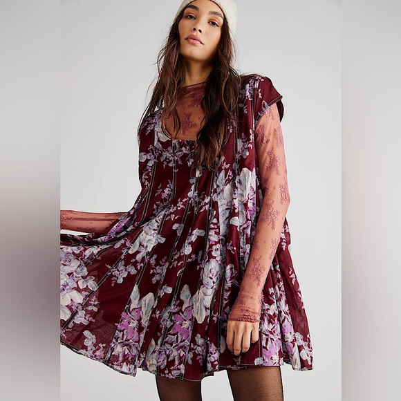NEW Free People Sully Dress In Raisin Combo - Picture 2 of 13